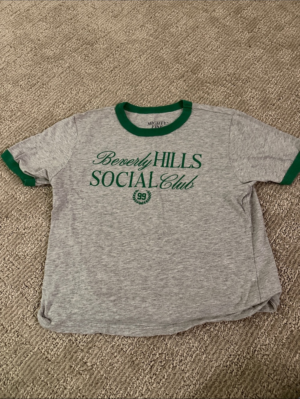 Mighty Fine Gray Ringer Tee with Green Trim XXS